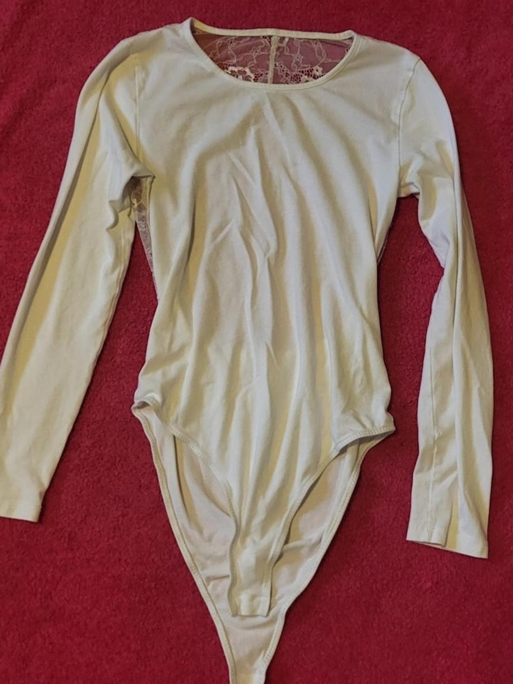 Heart Hips Cream/White Long Sleeve Lace-Back One-Piece Bodysuit
